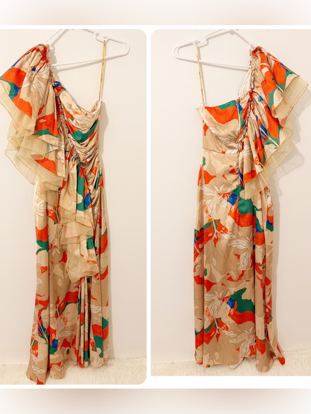 Mandira Wirk Anthropologie Ruffled One-Shoulder Floral Maxi Dress Gown Sz Medium - Picture 2 of 9
